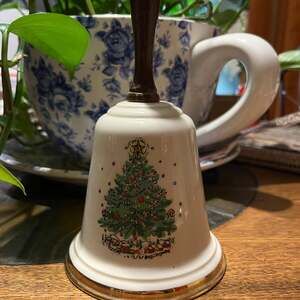 Christmas themed bell with wooden handle - 8.5 inches high, 4 inches wide, Sabin